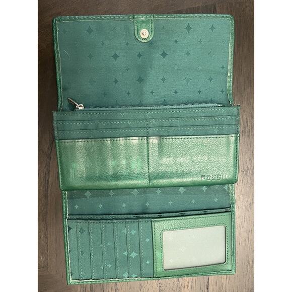 Vintage Fossil Marlow Trifold Checkbook Wallet Leather Kelly Green Keyper Cards - Picture 5 of 16